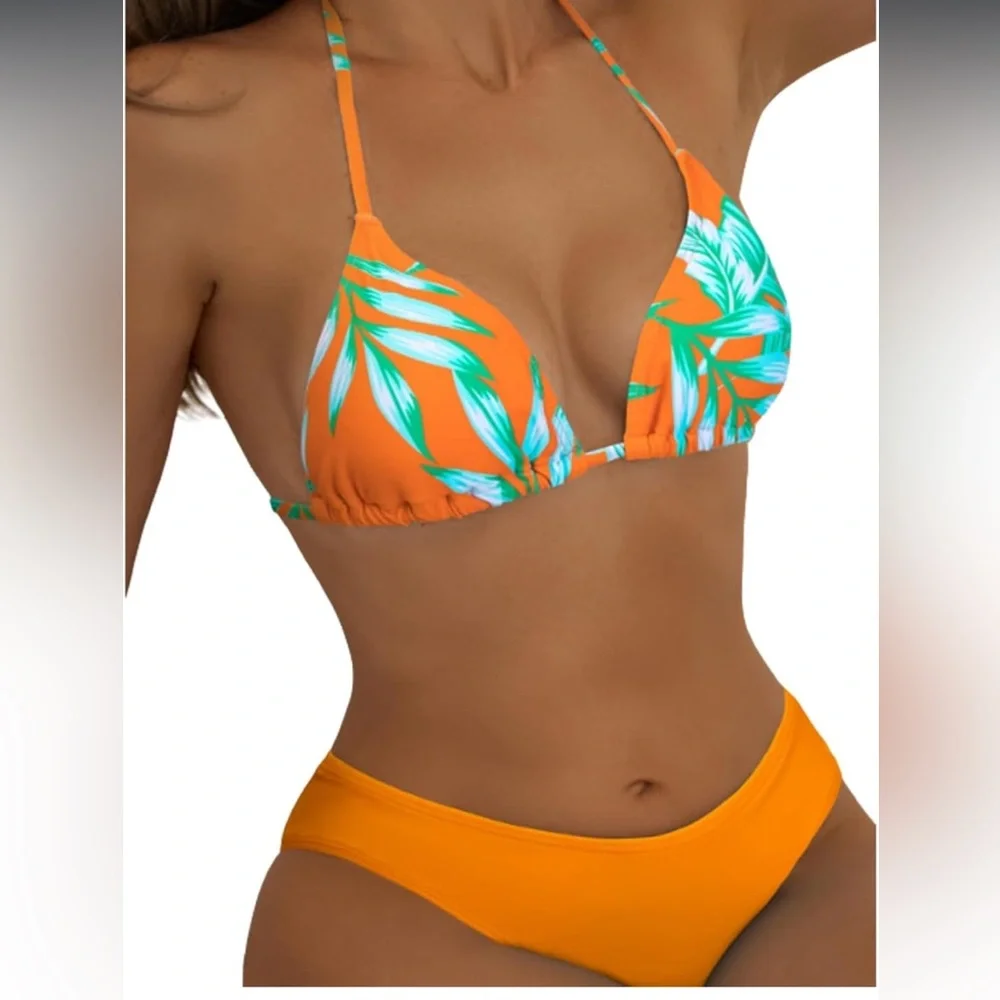 🚘Tropical Orange and Green Bikini 3 piece swim triangle halter top with rumper - Picture 1 of 13